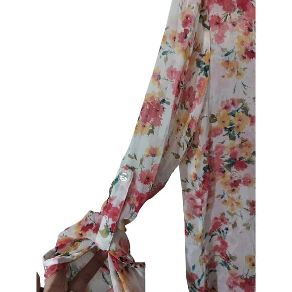 3460) Kut From The Kloth Jasmine Chiffon Semi Sheer Floral Pink Tunic Blouse L - Picture 7 of 9